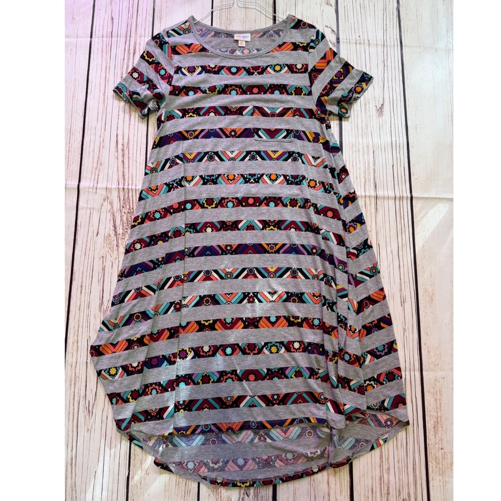 LuLaRoe Carly Dress Womens XS Gray Striped Geometric Floral High Low SwingPocket